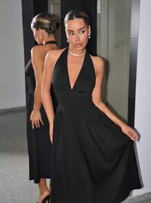 SHEIN ICON 1pc Women Halter Neck Solid Color Backless Elegant Sleeveless Dress - Black - View 5