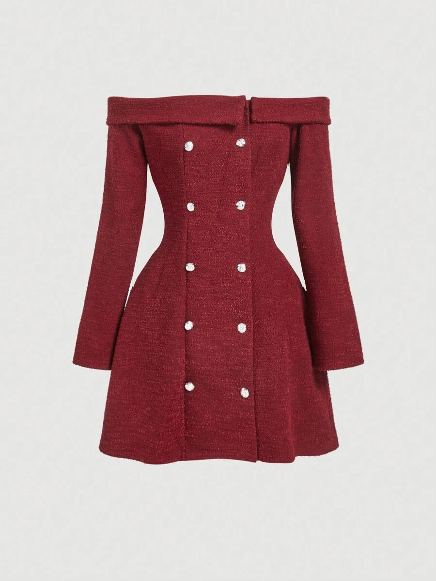 SHEIN MOD 1 件女士优雅露肩双排扣短裙，派对/活动穿着 - 酒紅色 - 查看 1