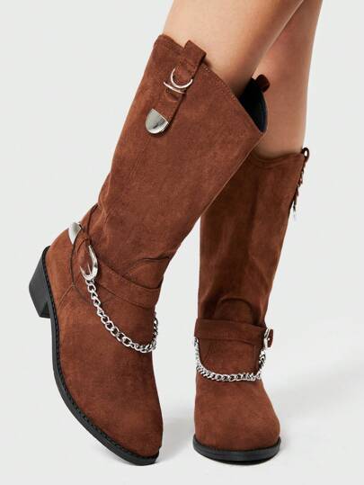 Fairycore Suede Chained Mid-Calf Boots, Brown, Fashion Versatile, Daily Wear European Style Deer Leather Upper Pointed Toe, High Heel 5cm For Christmas And New Year Holiday Vibe Fall And Winter