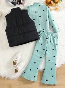 SHEIN 3 pièces Tenue d'hiver pour jeunes filles : haut à manches longues côtelé vert épais en forme de cœur, pantalon évasé, gilet matelassé noir - casual, chaud, convient pour l'intérieur, l'école, l'extérieur, par temps froid - Multicolore - Voir 2