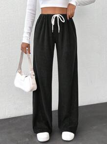 SHEIN Women's Solid White Drawstring Detailed Pants - Black - View 3