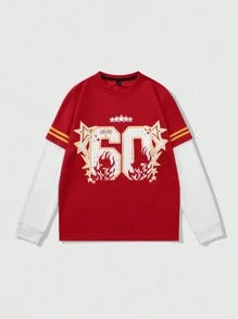 ROMWE MEN Street Life Camiseta casual de manga larga con cuello redondo y estampado gráfico para fitness y deportes para hombres - Rojo - Ver 1