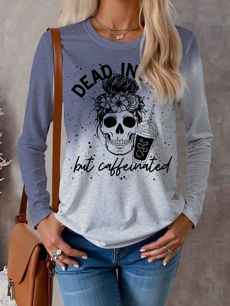 INAWLY Women's Casual Gradient Skull Print Long Sleeve Round Neck T-Shirt, Spring & Fall Graphic Tees Women Tops For Spring Outfit