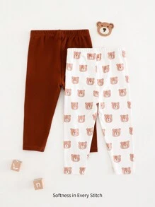 Cozy Pixies 2 件装婴儿/幼儿卡通棕熊图案针织柔软松紧腰打底裤套装，适合秋冬季，柔软温暖，百搭休闲装，适合外出、室内、度假和假日场合 - 彩色 - 查看 2
