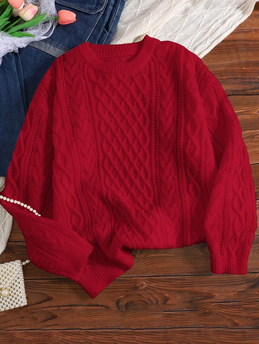 SHEIN Suéter Vermelho/Gola Careca/Moletom/Tricô Volumoso/Tricô Trançado/Casual Versátil/Suéter/Ano Novo/Dia dos Namorados/Natal, Meninas Adolescentes - Vermelho - Visão 1