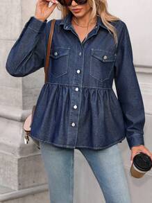 SHEIN Essnce 带纽扣前口袋荷叶边下摆长袖牛仔衬衫 - 深色水洗藍 - 查看 3