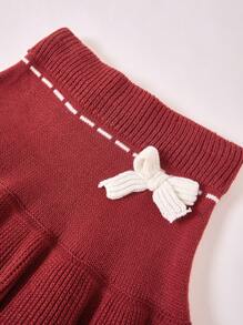 SHEIN Teenage (Gils) Color Blocking Knitted Sweater Dress, Butterfly Decor Double Layer Christmas Party Skirt, Suitable For Autumn/Winter - Red - View 5