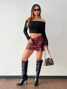 SHEIN PETITE Falda de mujer retro sexy con espalda descubierta, falda mini rojo retro desgastado premium, falda burdeos