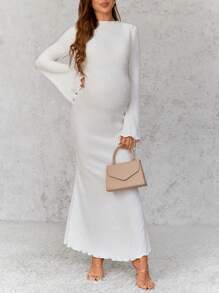 SHEIN Maternity Elegant Long Ball Gown, Black Color, Bell Sleeve, Bodycon Maxi Mermaid Dress For Pregnant Women