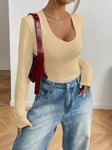 INAWLY Solid Deep V-Neck Ribbed Long Sleeve T-Shirt Fall Cloth For Women - Apricot - View 4