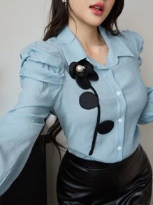 Modelyn Women Front Button Long Sleeve Casual Top With Floral Decoration, Simple And Chic, Everyday Wear Women Shirt Fall Cloth For Women - Dusty Blue - View 1