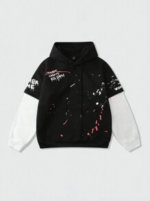 Manfinity EMRG Casual Men Slogan Print Long Sleeve Drawstring Hoodie - Black and White - View 4