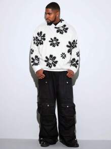 Manfinity VCAY Plus Size Men Floral Pattern Knit Loose Fit Casual Long Sleeve Hoodie Sweatshirt
