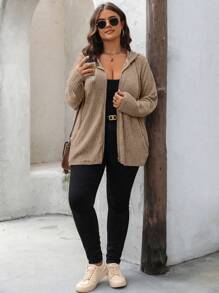 SHEIN LUNE Plus Size Women Solid Color Zip Front Hooded Casual Jacket, Autumn New Years Women Outfit Winter Dresses Winter Clothes Women Rave Outfits Thanksgiving Outfit Women