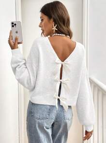 SHEIN Frenchy Plain V-Neck Bow Decor Casual Long Sleeve Pullover Sweater - White - View 4