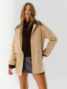 Aralina Women Barn Button-Up Contrast Collar Utility Shacket - Brown - View 8