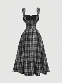 SHEIN MOD Women Plaid Mid-Length Slip Dress,Back To School,Fall Women Outfits,Halloween Dress,Vintage Outfits,Flared Dress,70s Outfits,Fall Dresses,Prom Dress,Summer Dress,Plaid Dress,Bachelorette Outfits - Black and White - View 2