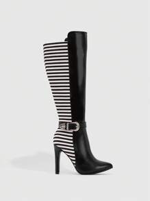 CUCCOO SZL 1 双女士时尚黑色条纹拼接尖头高跟侧拉链过膝靴，适合秋冬情人节 - 黑色 - 查看 3