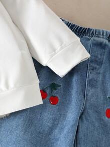 Bộ 2 món quần denim thêu thẳng cạp chun thời trang giản dị ngọt ngào cổ tròn tay dài rộng rãi cho bé gái, mùa thu - trắng - Xem 6