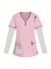 SHEIN TaskFit Women's V-Neck Short Sleeve Contrast Color Double Pockets Fashionable Casual Scrub Tops Nurse/Doctor Work Uniforms Top, Health Check Surgical Uniforms Top For Women Solid Colors Pet Grooming Work Uniforms Scrub Tops Nutritionist Work Short Sleeves Lab Work Top, Multi-Pockets Functional Work Functional Women's Top Can Be Worn On Christmas - Pink - View 4