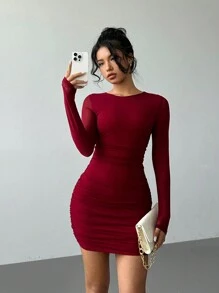 Aloruh 女式纯色圆领长袖酒红色网眼迷你紧身连衣裙，适合秋冬季 - 酒紅色 - 查看 5