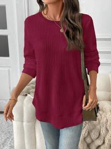 SHEIN LUNE 女士不对称下摆纹理针织休闲运动优雅百搭保暖衬里运动衫，适合秋冬季 - 紅色 - 查看 3