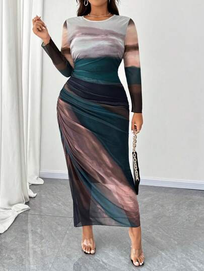 Elenzga Mesh Bodycon Dress, Minimalist And Casual Style For Everyday Wear Maxi Women Outfit Fall Cloth For Women