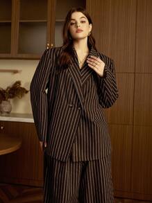 Elaquor Plus Size Striped Loose Blazer Suit Set, Includes Top & Pants,Winter,Brown Two Pieces Set - Coffee Brown - View 5