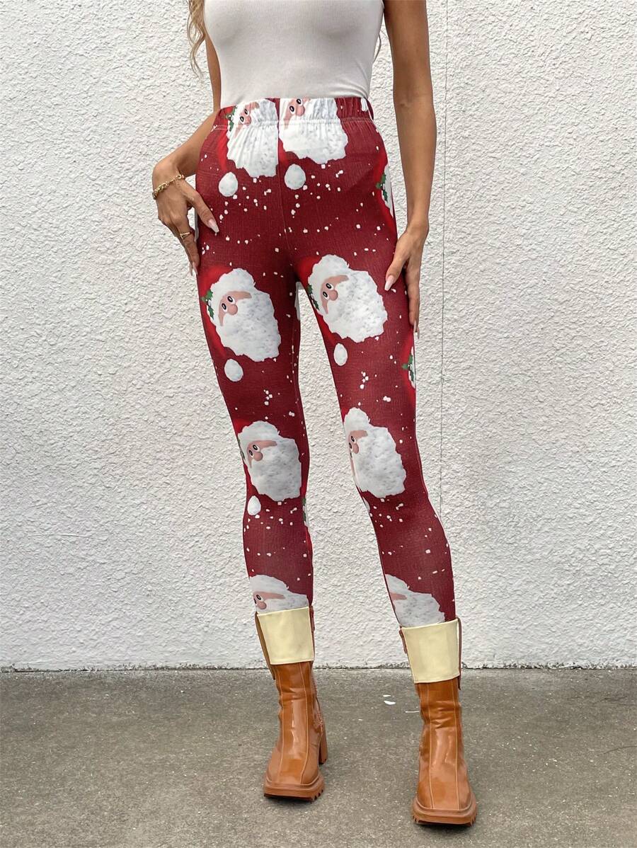 SHEIN LUNE Mallas estampadas de ajuste delgado para mujer, tallas grandes, apropiadas para Halloween, Navidad, Año Nuevo, festivales chinos, Día de San Valentín, fiesta de Acción de Gracias para ropa de Año Nuevo