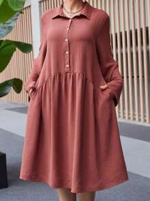 EMERY ROSE Plus Size Women's Solid Color Long Sleeve Pockets Dress, Fall And Winter Clothes For Women