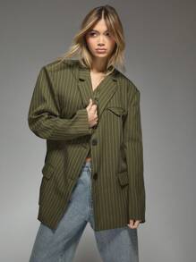 MISSGUIDED Pinstripe Designer Blazer Triangle Pocket Business Professional Office Work Interview Career Fall Winter 2024 Structured Suit Jacket Sharp Clean Lines Double Breasted