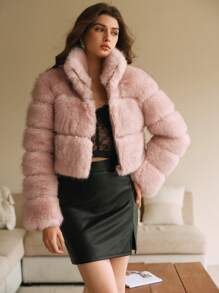 Anewsta Latest European American Style Fashionable Fluffy Vests, Fox Fur Tip Collar Windproof Warm Jacket, Elegant & Generous Women Short Coat - Baby Pink - View 8