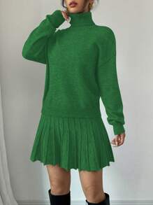 Calvaya 2pcs/Set Solid Color Pleated Loose Casual Skirt Suit, High Neck Sweater