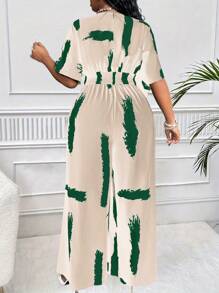 Maweii Plus Size Women's Elegant Black & White Color Block Print Criss-Cross Shoulder Short Sleeve Wide Leg - Multicolor - View 2