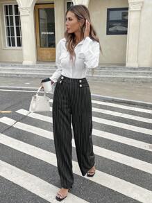 SHEIN Frenchy 女士纽扣腰条纹直筒宽松休闲裤通勤休闲日常办公室条纹长裤新年 - 彩色 - 查看 6