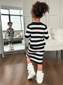 SHEIN Leap Crew 2 件装少女条纹印花长袖开衫和圆领无袖连衣裙套装、毛衣套装 - 黑與白 - 查看 2