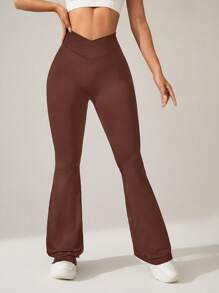 Easithlete 女士休闲纯色交叉腰喇叭运动裤 - 棕色 - 查看 5