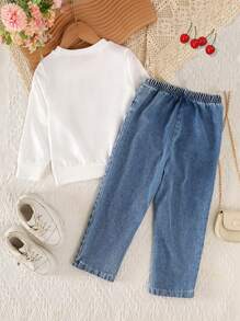 Bộ 2 món quần denim thêu thẳng cạp chun thời trang giản dị ngọt ngào cổ tròn tay dài rộng rãi cho bé gái, mùa thu - trắng - Xem 2