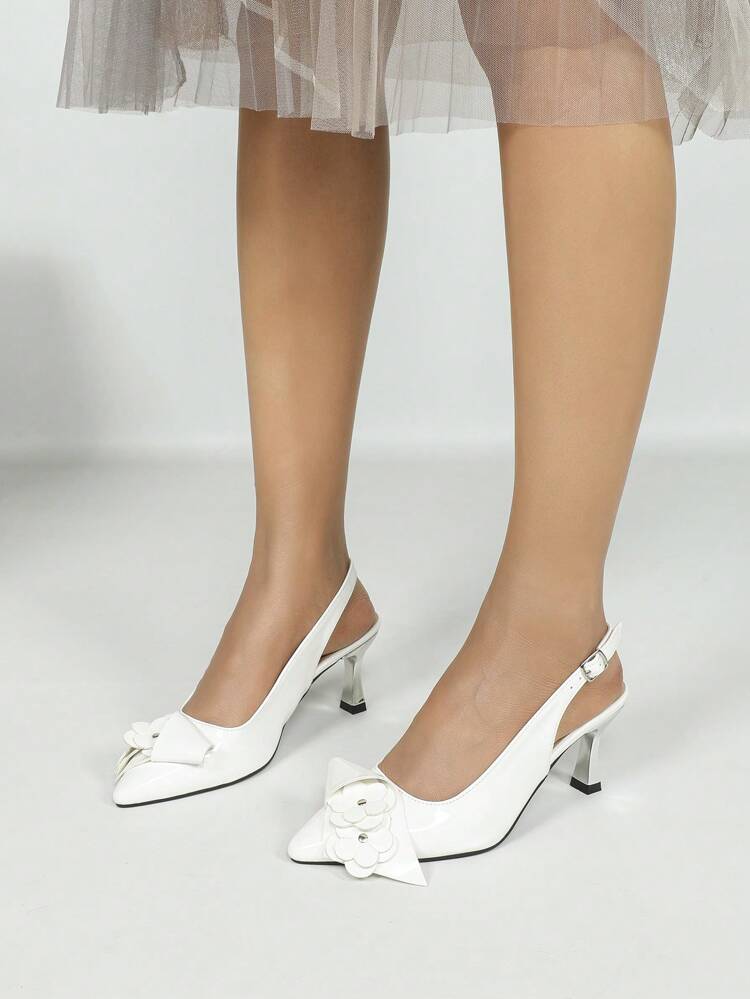CUCCOO CHICEST Women's Shoes With 3D Floral Edge Design, Pointed Toe, Metallic Silver Heel, Mid Heel, Unique Personalized, Romantic, Cute, Synthetic Leather, Open Back, High Heel Pumps For Date, Afternoon Tea, Party, Workplace For Christmas And New Year Holiday Vibe Fall And Winter