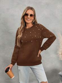SHEIN LUNE 女士休闲露肩仿珍珠串珠套头毛衣 - 棕色 - 查看 3