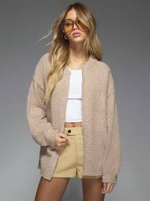 MISSGUIDED Teddy Bear Bomber Casual Cardigan Cozy Soft Outerwear Winter Loungewear Plush Fall Layering Jacket Knit Classic Essential Collection - Khaki - View 1