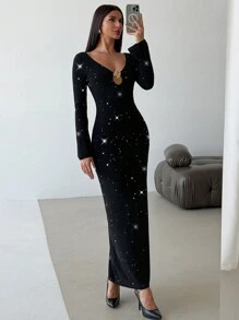 Firerie Elegant & Fashionable Rose Gold Metal Decor Hollow V-Neck Bodycon Long Sleeve Long Dress, Suitable For Christmas Party & Going Out, Autumn/Winter - Black - View 3