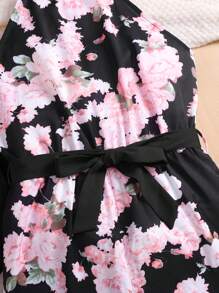 Teen Girls 2pcs Set Asymmetrical Hem Blazer & Loose Pants Suit With Floral Print, Elegant For & Commute, Autumn/Winter - Black - View 5