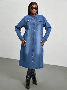 SHEIN Chaqueta vaquera lavada informal de talla grande para el otoño - Azul lavado medio - Ver 4