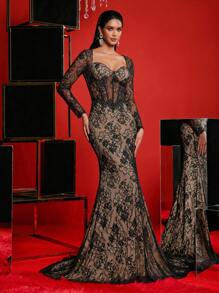Glamrae Vestido largo formal elegante de unicolor con mangas largas, cuello en V y bordado con lentejuelas en negro y dorado champán. Incluye un adorno en la cintura, una silueta de cola de pez y un bajo semitransparente. Ideal para eventos formales como baile de graduación, cena, fiesta o boda.