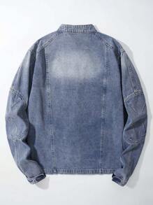 ROMWE MEN Street Life Men's Front Button Long Sleeve Simple Casual Denim Jacket - Blue - View 2