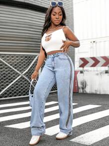SHEIN Slayr Women Side Leopard Print Ribbon Detail Mid-Waist Straight Leg Jeans - Light Wash - View 3