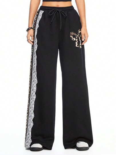 Anime Women's Kawaii Leopard Bow Ruffle Trim Casual Sweatpants
