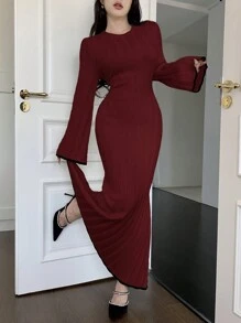 Seusyu Women Solid Color Round Neck Long Sleeve Minimalist Style Long Knitted Sweater Dress - Burgundy - View 4