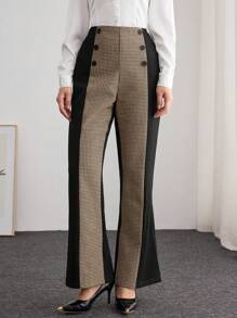 Modelyn Pantalones acampanados y ajustados con estampado de pata de gallo y diseño vintage - Marrón - Ver 1